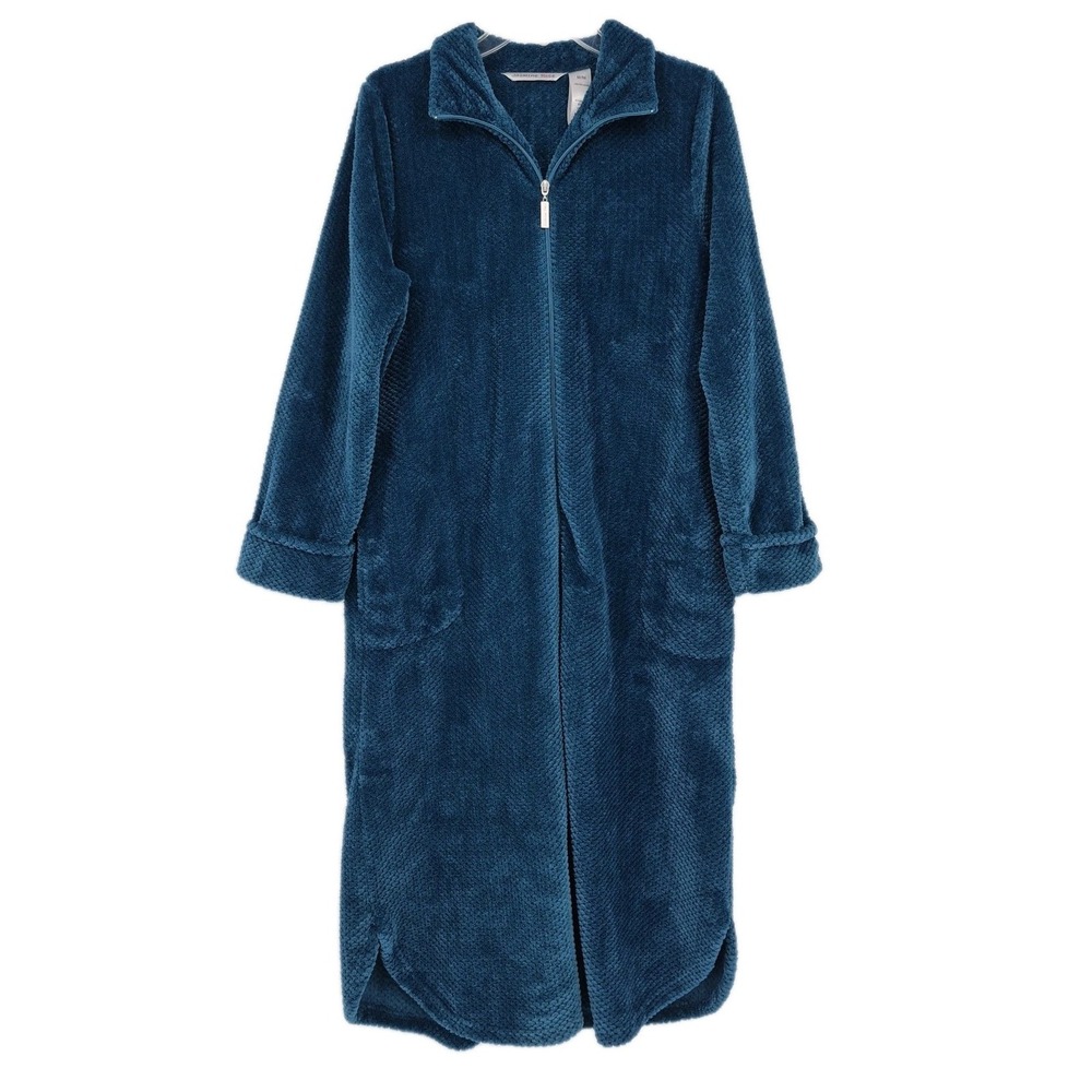 Jasmine Rose Women's Teal Blue Full Zip Robe Long Sleeve Plush Fleece Sz M